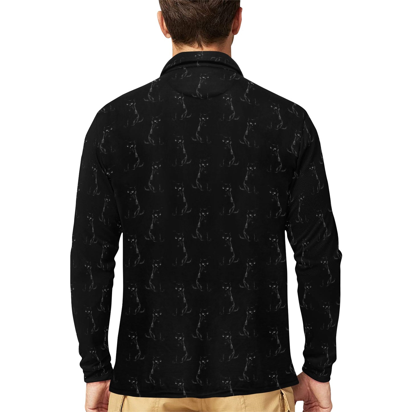 Black Cat Pattern Print Design 03 Long Sleeve Polo Shirt For Men's