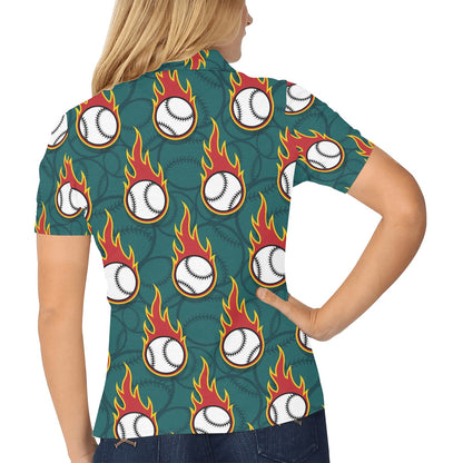 Baseball Fire Print Pattern Women's Polo Shirt