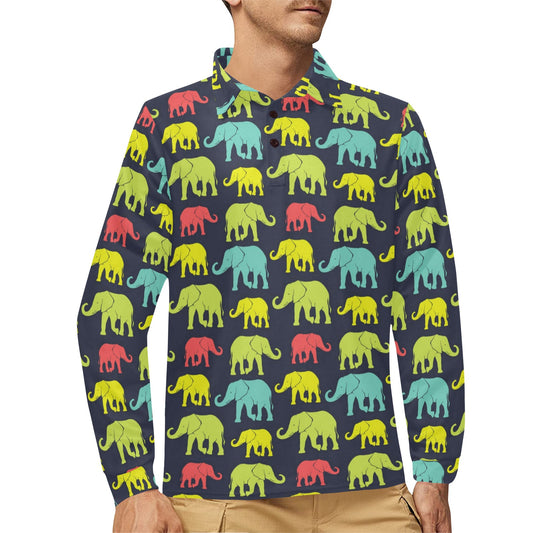 Elephant Neon Color Print Pattern Long Sleeve Polo Shirt For Men's