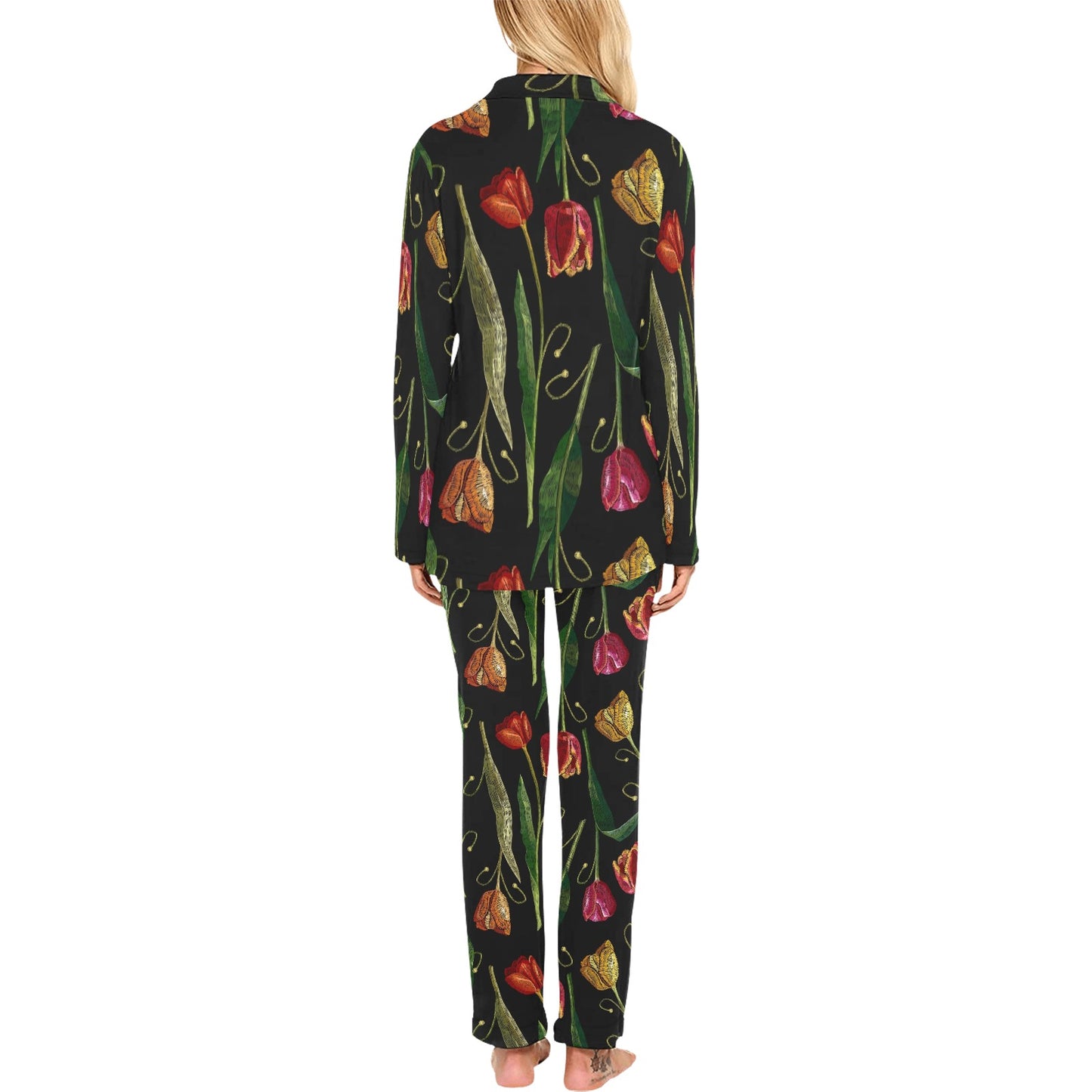 Tulip Embroidered Pattern Print Design TP01 Women's Long Pajama Set