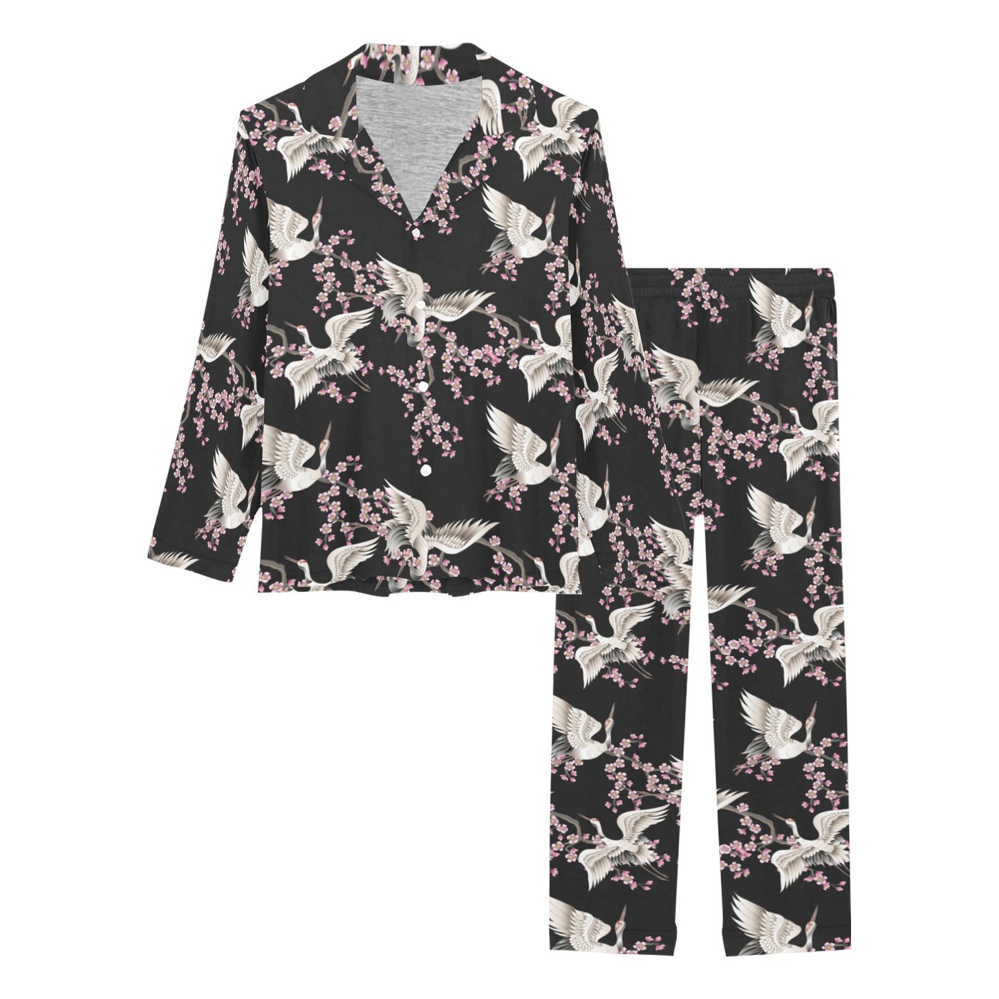 Crane Pattern Print Design 01 Women's Long Pajama Set
