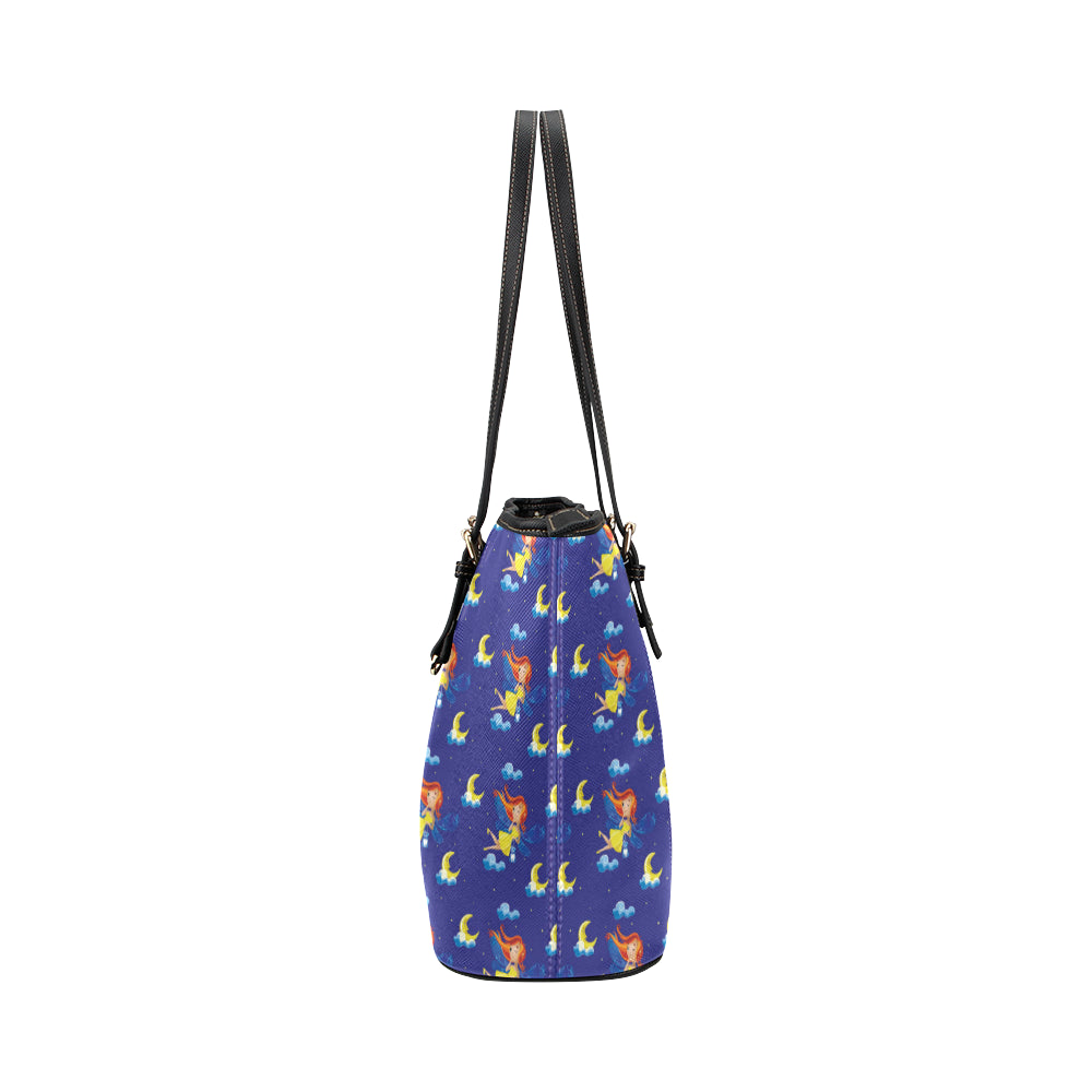 Fairy with Moon Print Pattern Leather Tote Bag