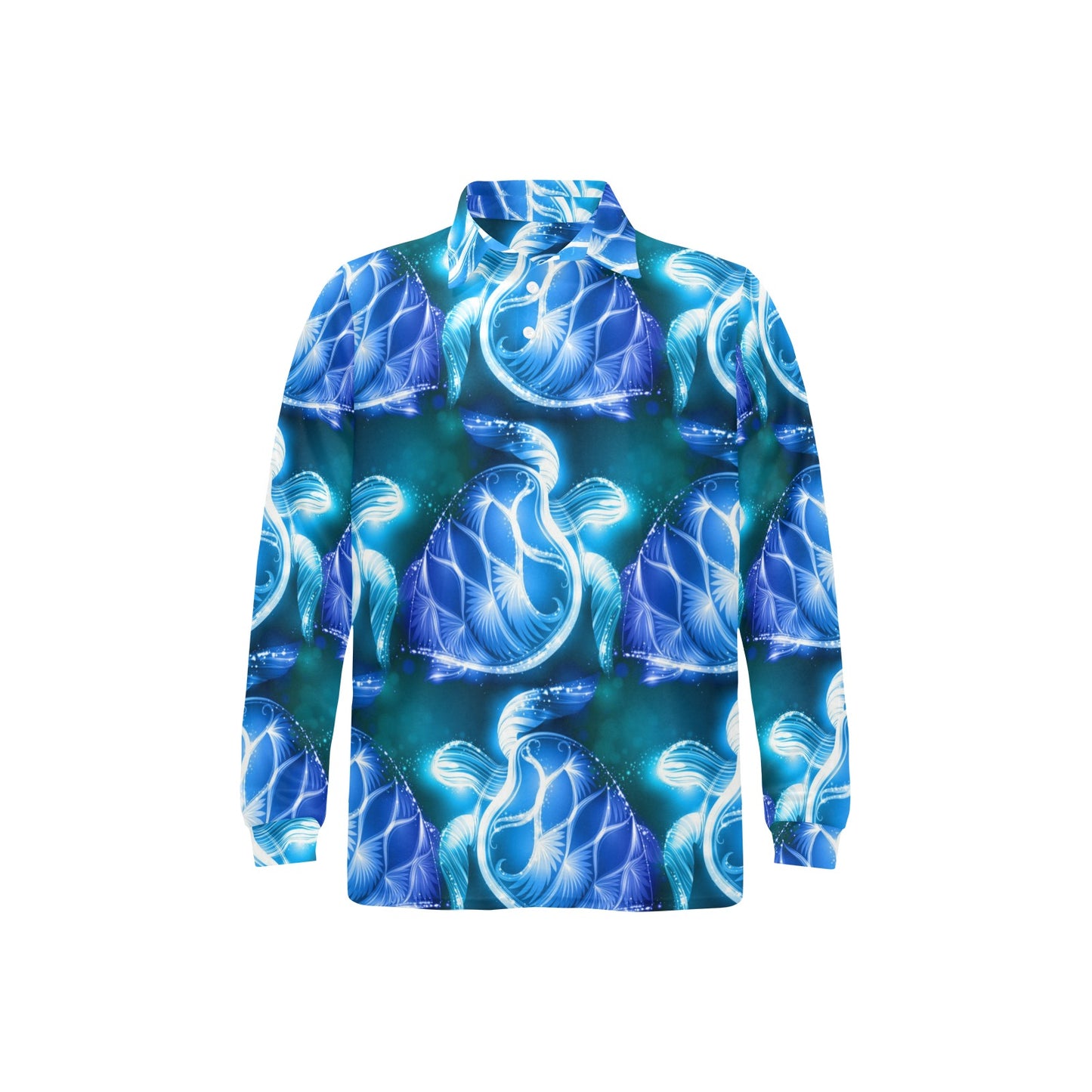 Blue Neon Sea Turtle Print Long Sleeve Polo Shirt For Men's