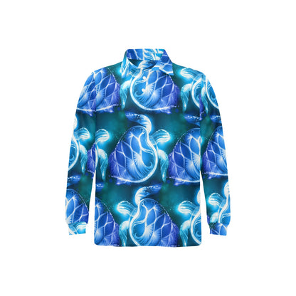 Blue Neon Sea Turtle Print Long Sleeve Polo Shirt For Men's