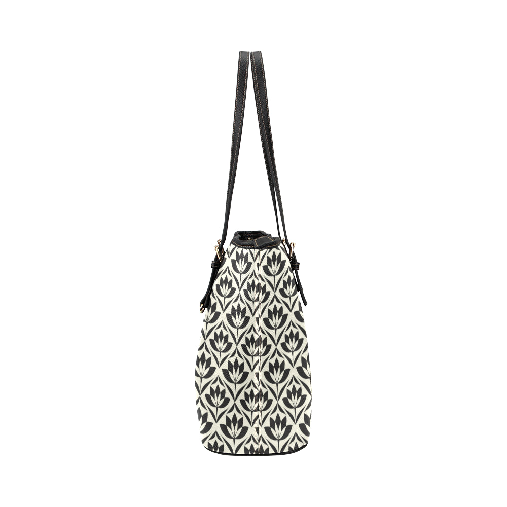 Lotus Pattern Print Leather Tote Bag