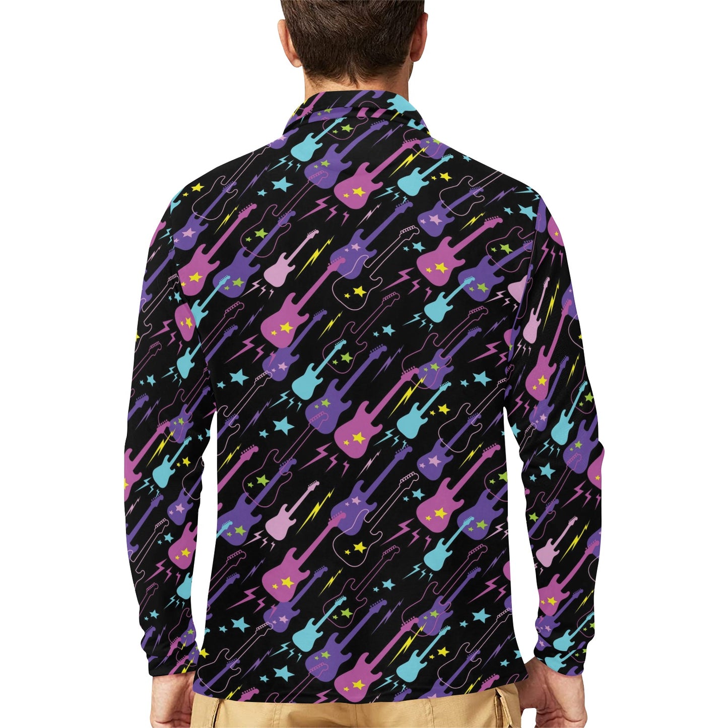 Electric Guitar Pattern Print Design 02 Long Sleeve Polo Shirt For Men's
