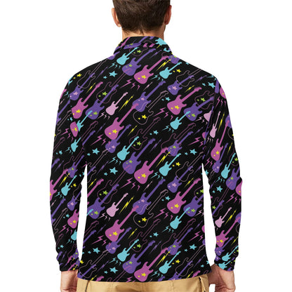 Electric Guitar Pattern Print Design 02 Long Sleeve Polo Shirt For Men's