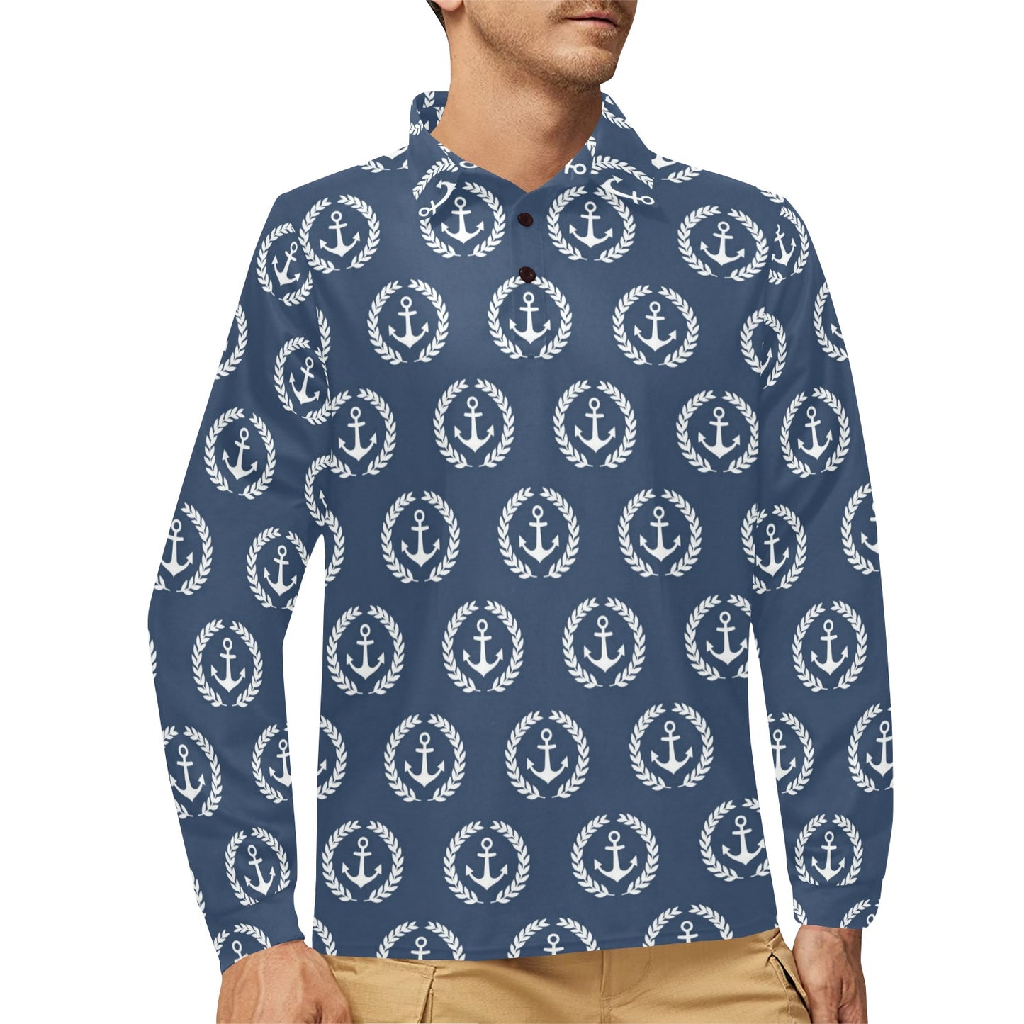 Anchor Pattern Print Design 04 Long Sleeve Polo Shirt For Men's