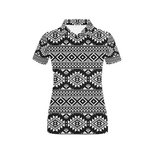 Aztec Black White Print Pattern Women's Polo Shirt