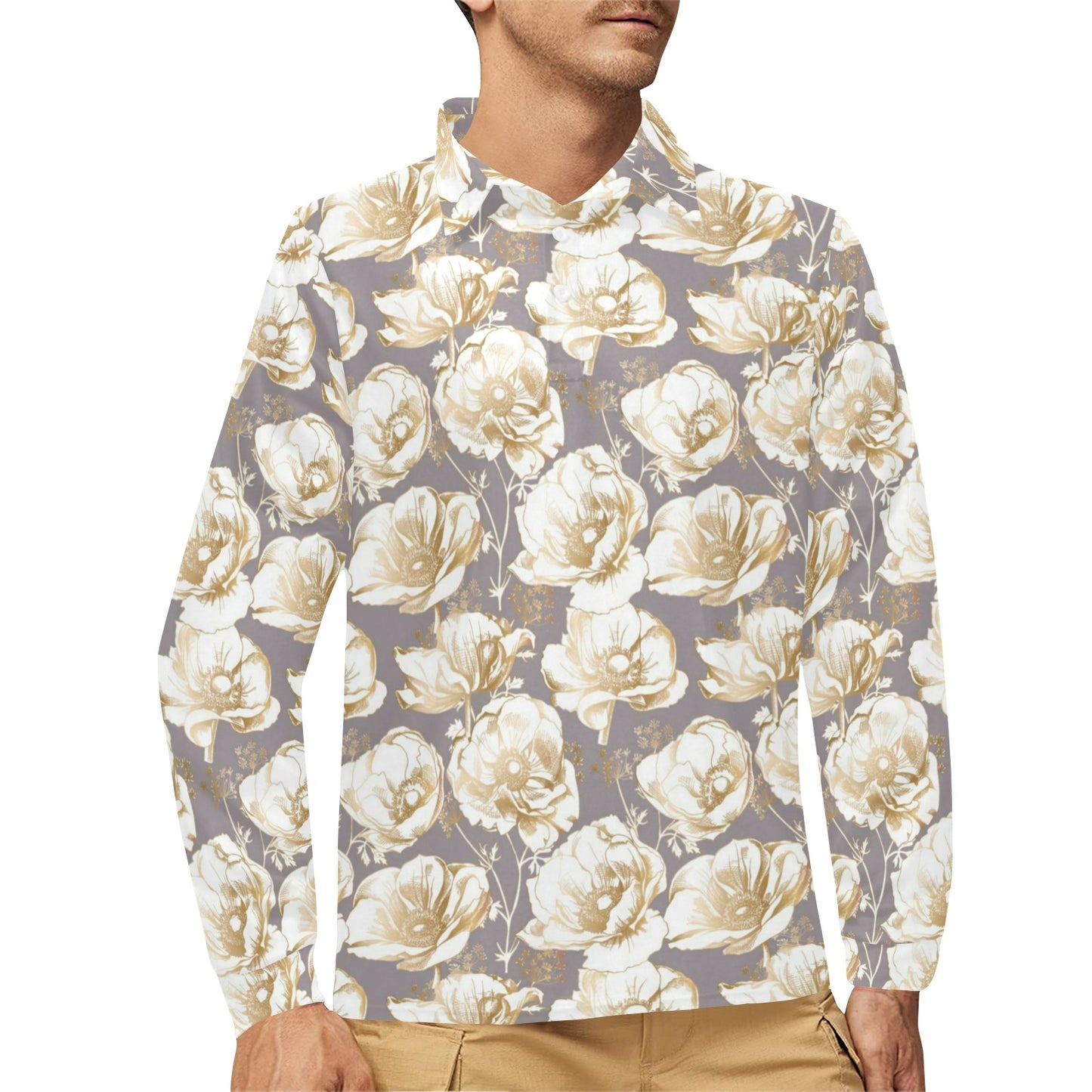 Anemone Pattern Print Design AM05 Long Sleeve Polo Shirt For Men's
