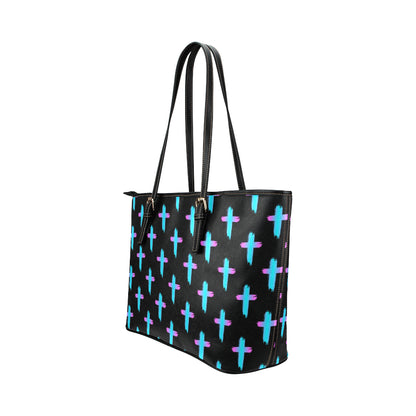 Christian Cross neon Pattern Leather Tote Bag