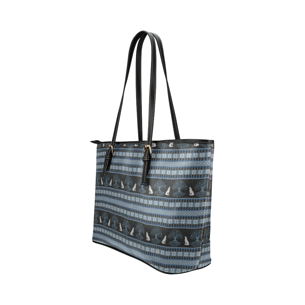 Wolf Tree of Life Knit Design Print Leather Tote Bag