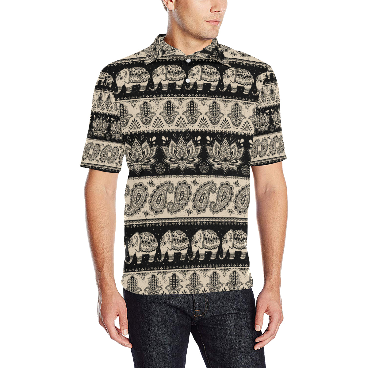 Elephant Hansa Lotus Pattern Men Polo Shirt