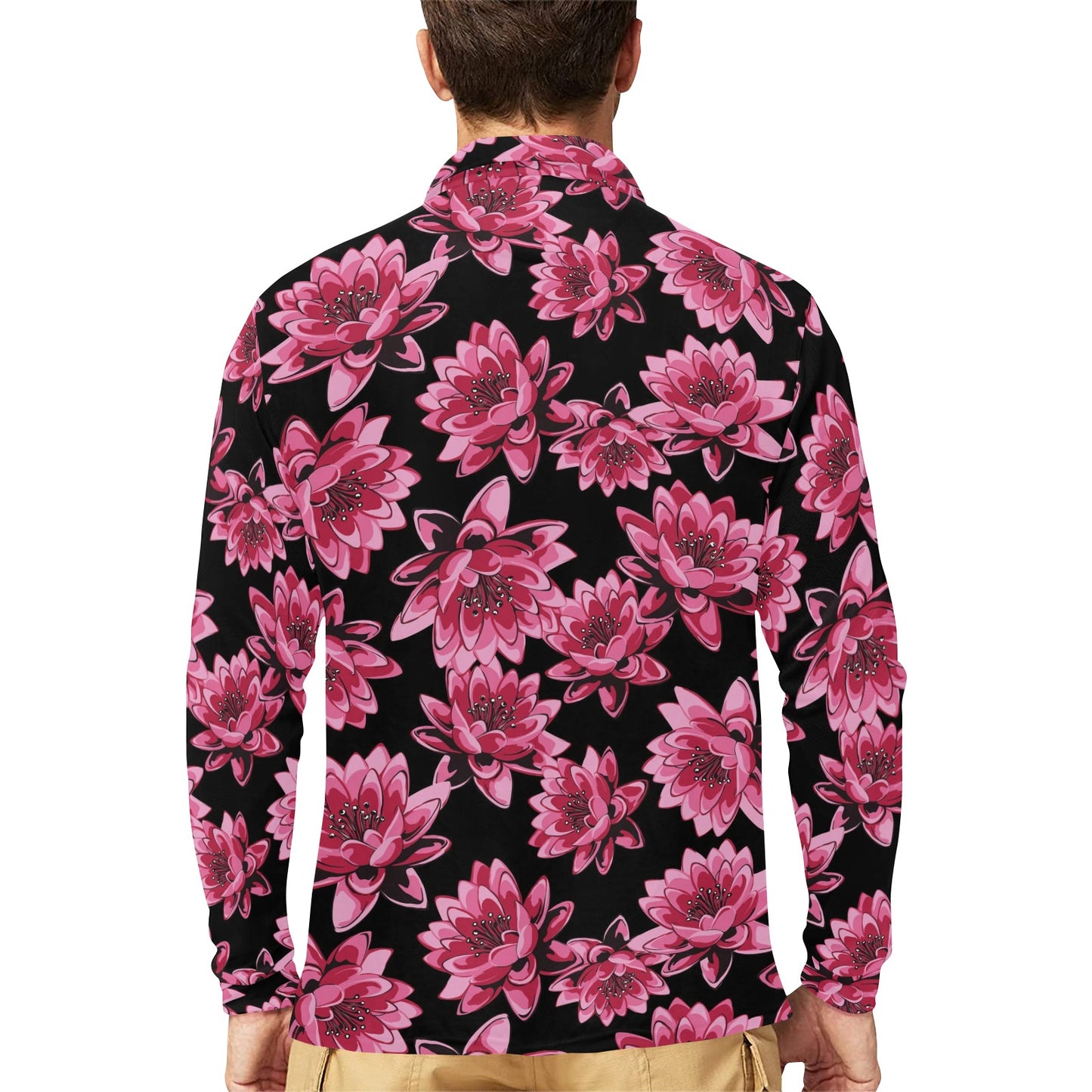 Lotus Pattern Print Design 03 Long Sleeve Polo Shirt For Men's