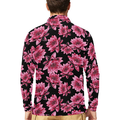 Lotus Pattern Print Design 03 Long Sleeve Polo Shirt For Men's