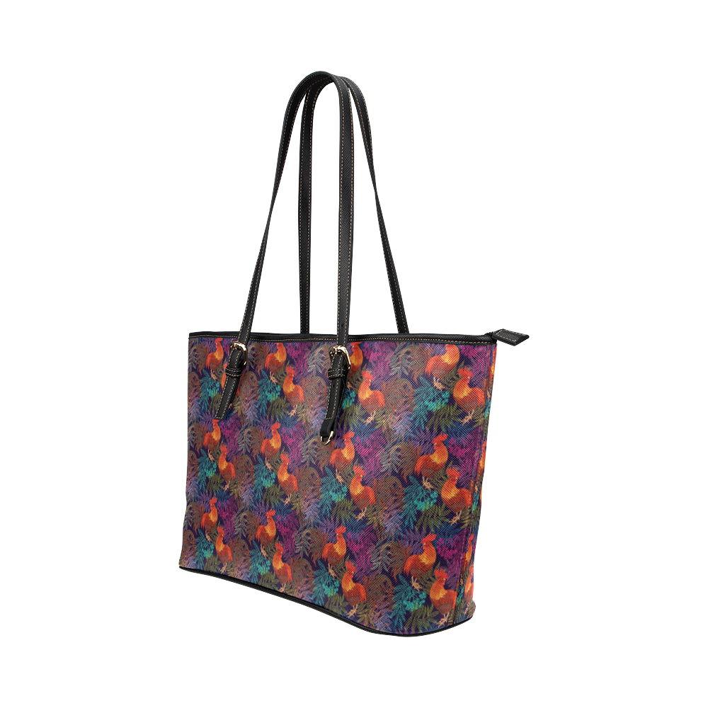 Rooster Print Style Leather Tote Bag