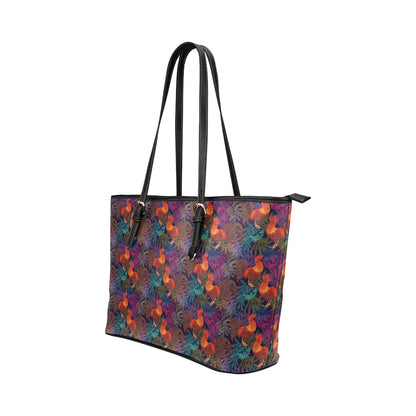 Rooster Print Style Leather Tote Bag