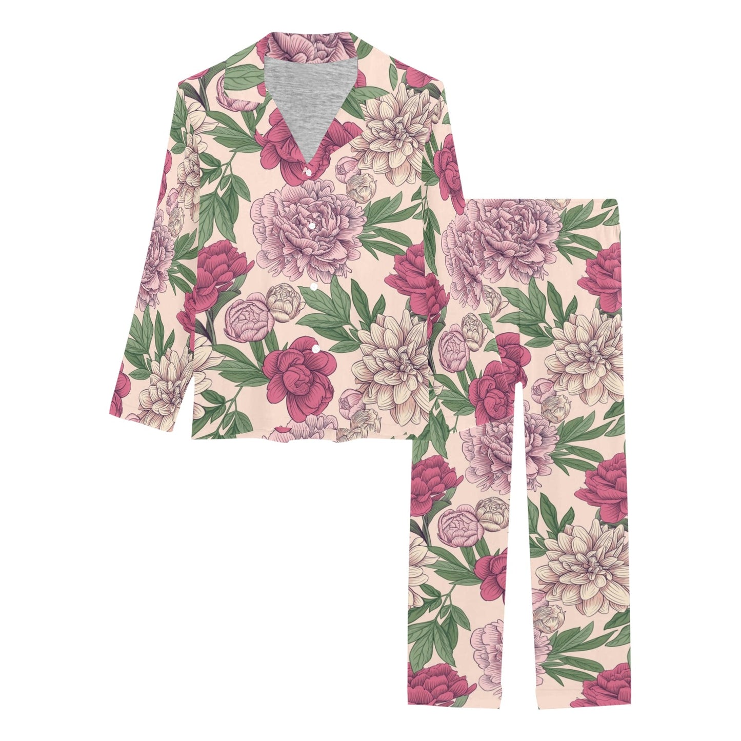 Peony Pattern Print Design A01 Women's Long Pajama Set