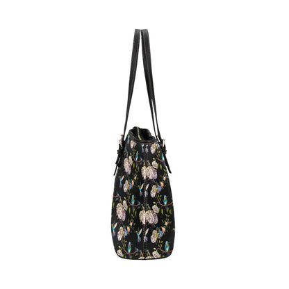 Hummingbird Flower Themed Print Leather Tote Bag