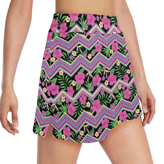 Hibiscus Pink Zigzag Line Pattern Design LKS307 17" Golf & Pickleball Skort with Pockets