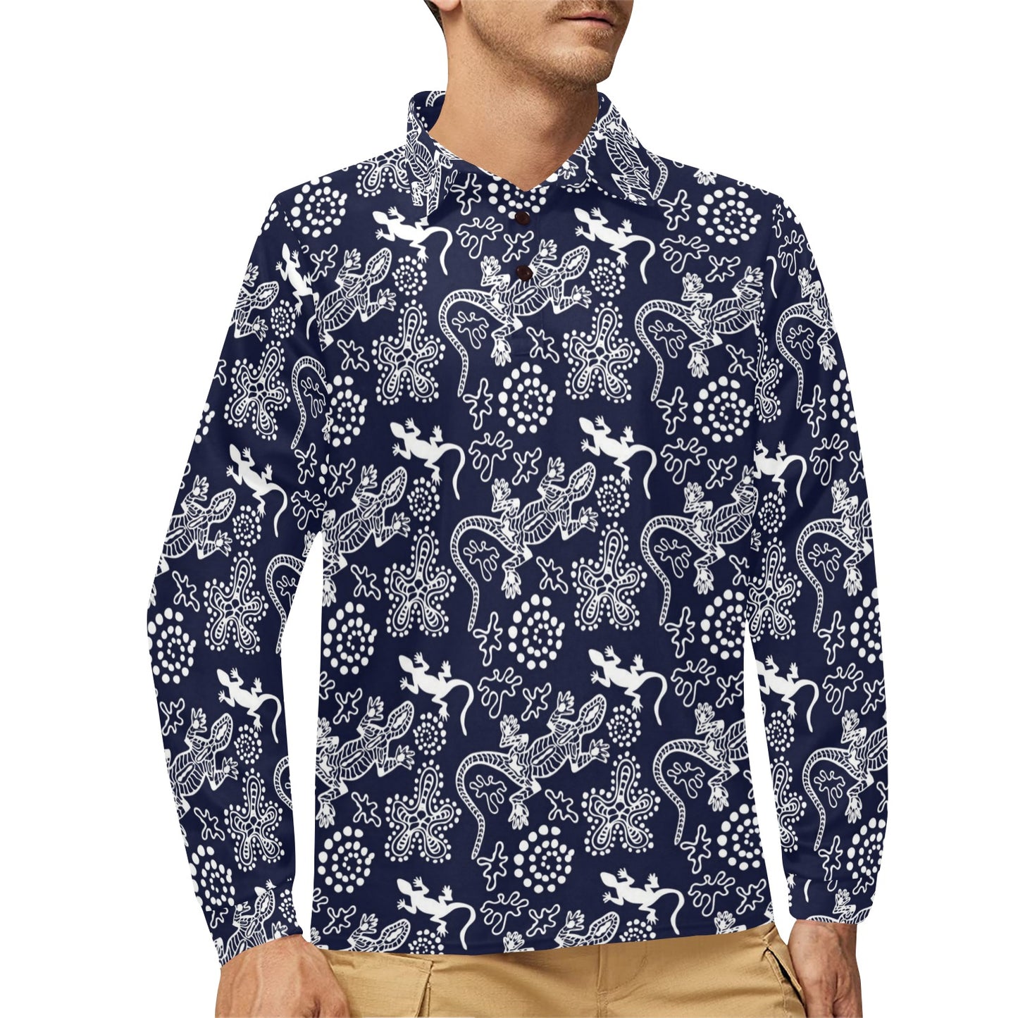 lizard Pattern Print Design 03 Long Sleeve Polo Shirt For Men's