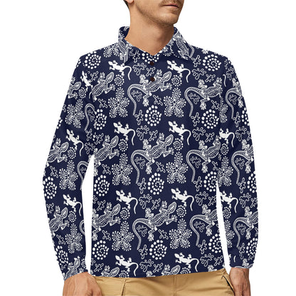 lizard Pattern Print Design 03 Long Sleeve Polo Shirt For Men's