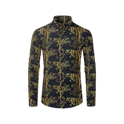 Tiger Gold Print Design LKS307 Men's Long Sleeve Dress Shirt