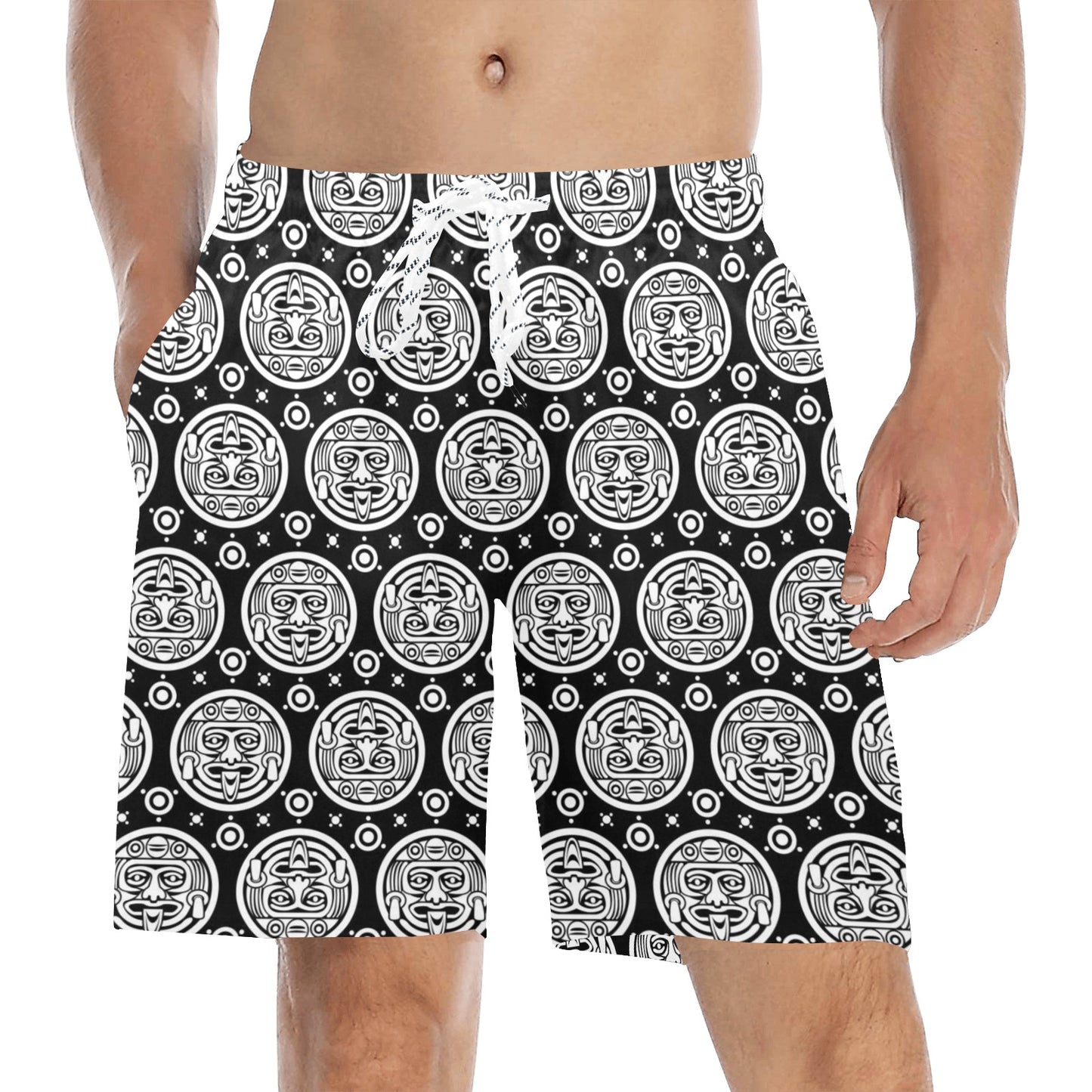 Calendar Aztec White Black Print Pattern Men's Swim Trunks Beach Shorts