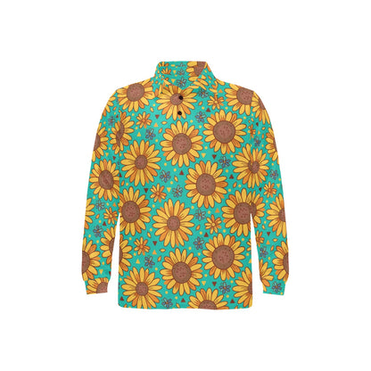 Sunflower Pattern Print Design SF013 Long Sleeve Polo Shirt For Men's