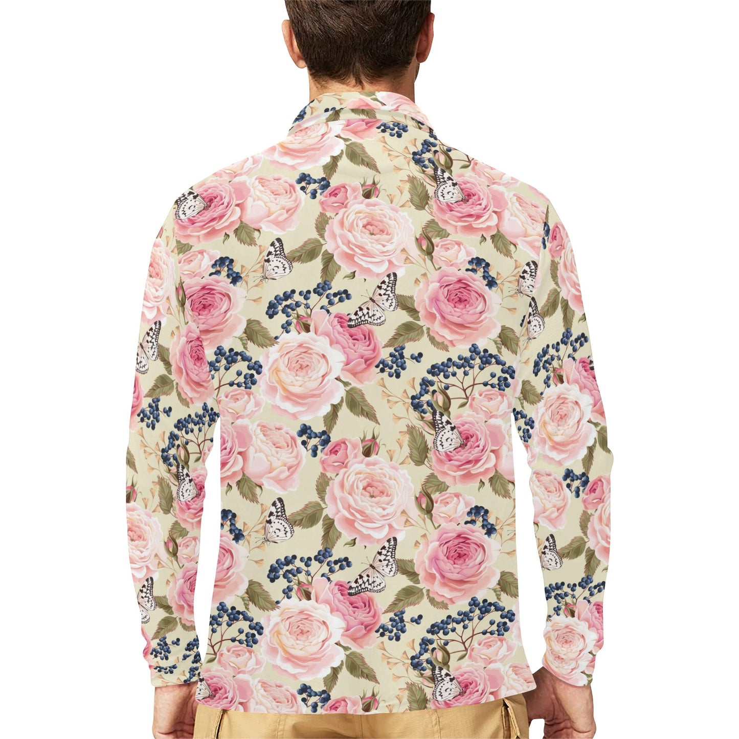 Floral Pink Butterfly Print Long Sleeve Polo Shirt For Men's