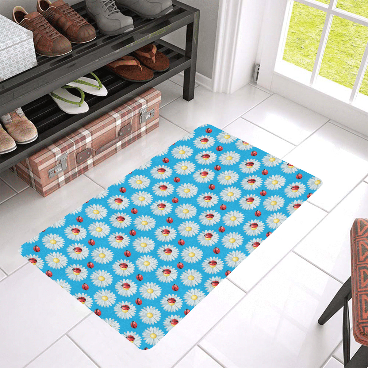 Ladybug with Daisy Themed Print Pattern Rubber Doormat