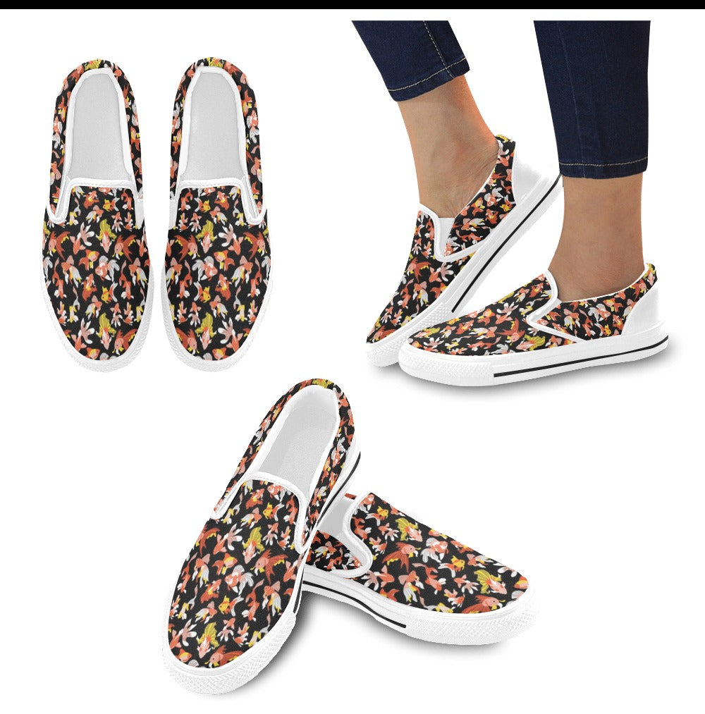 Goldfish Print Design LKS401 White Slip Ons Canvas Women's Shoes