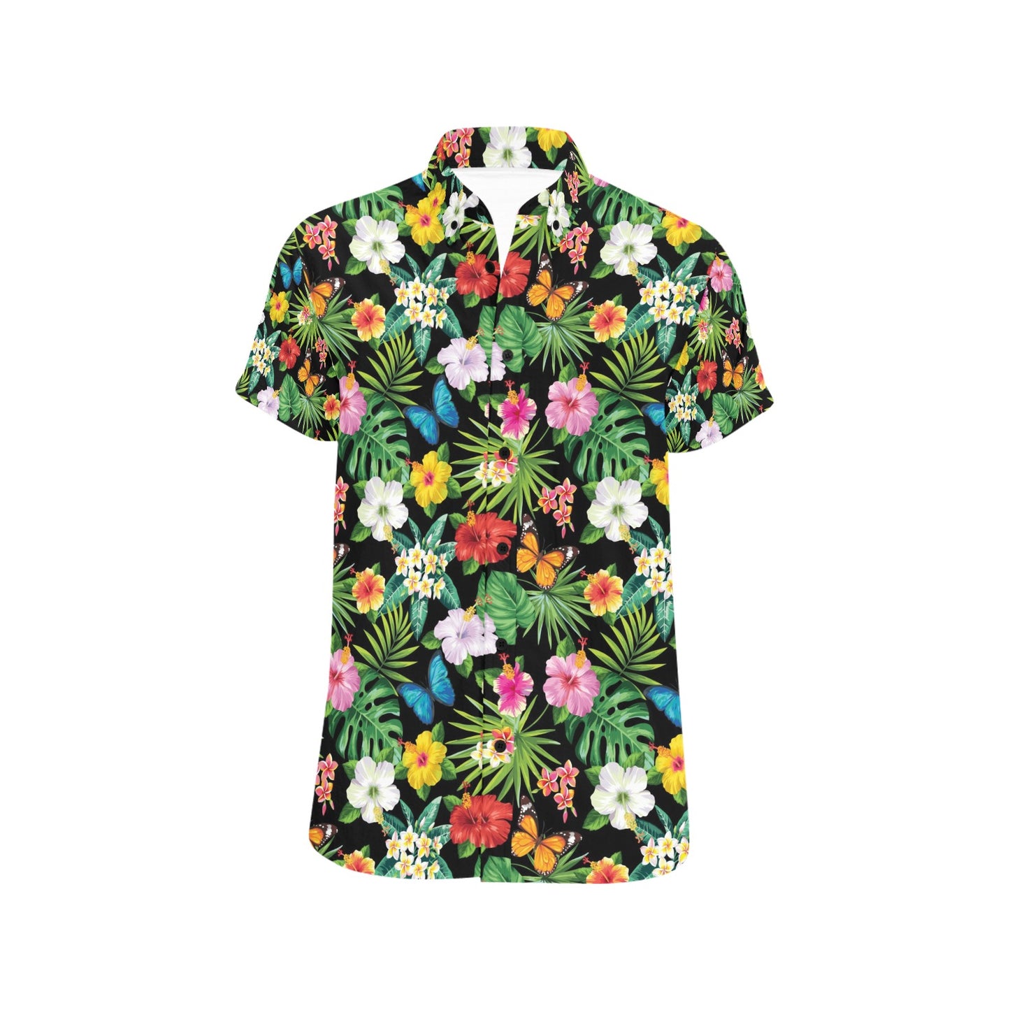 Hibiscus With Butterfly Print Design LKS305 Men Short Sleeve Button Up Shirt