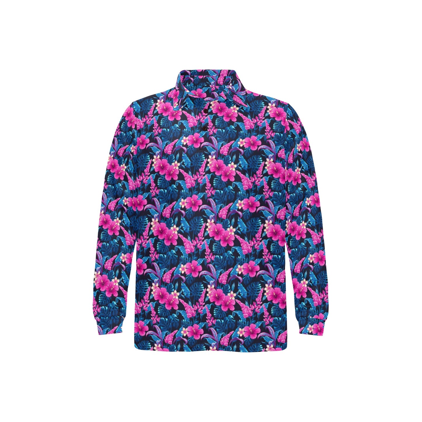 Tropical Folower Pink Themed Print Long Sleeve Polo Shirt For Men's