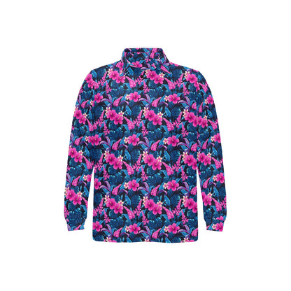 Tropical Folower Pink Themed Print Long Sleeve Polo Shirt For Men's