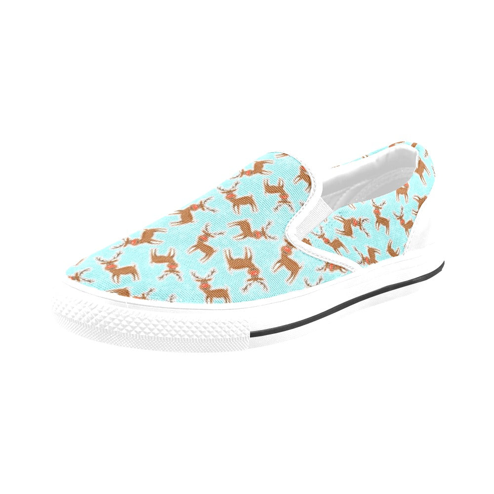 Reindeer Print Design LKS403 White Slip Ons Canvas Women's Shoes