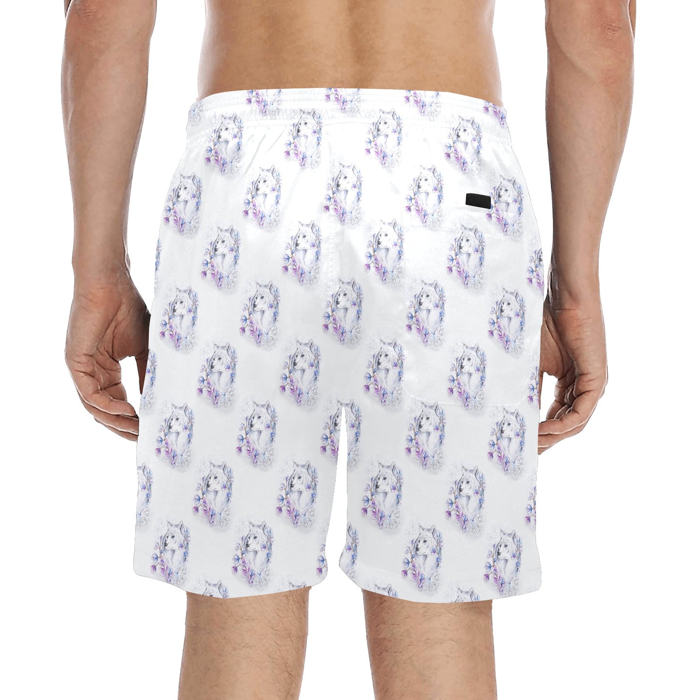 Wolf with Flower Print Design Men's Swim Trunks Beach Shorts