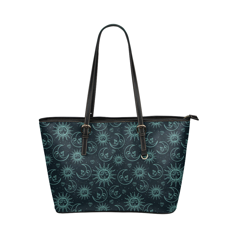 Sun Moon Magic Design Themed Print Leather Tote Bag