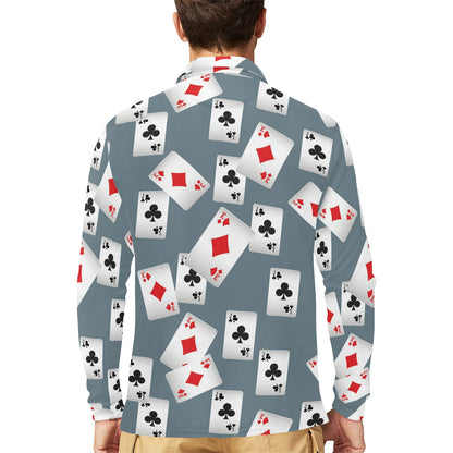 Poker Cards Pattern Print Design A05 Long Sleeve Polo Shirt For Men's