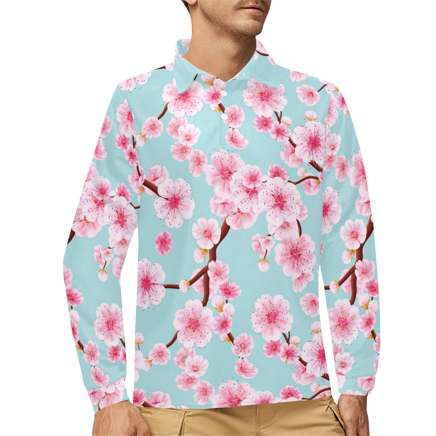 Cherry Blossom Pattern Print Design CB04 Long Sleeve Polo Shirt For Men's