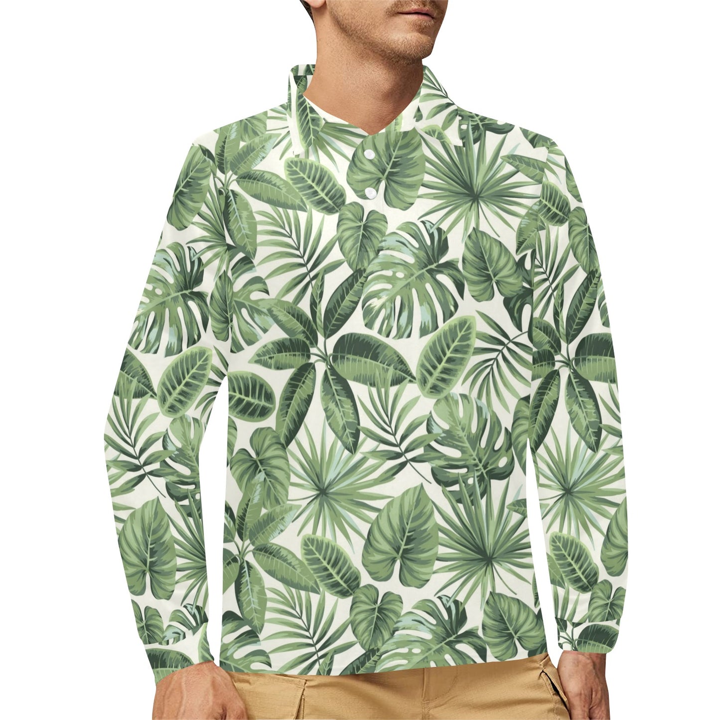 Palm Leaves Pattern Print Design PL014 Long Sleeve Polo Shirt For Men's