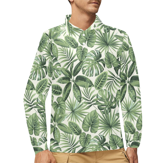 Palm Leaves Pattern Print Design PL014 Long Sleeve Polo Shirt For Men's