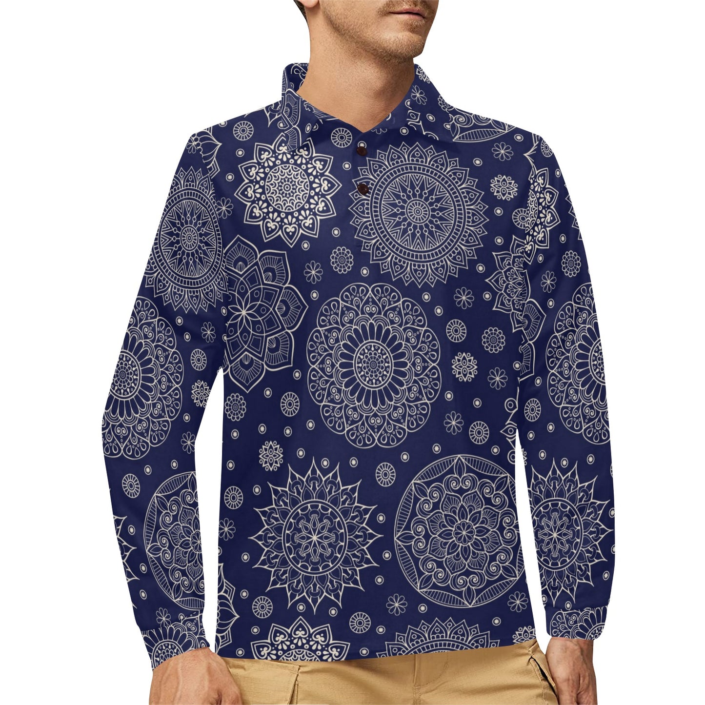 Mandala Pattern Print Design 02 Long Sleeve Polo Shirt For Men's
