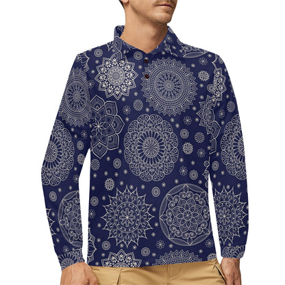Mandala Pattern Print Design 02 Long Sleeve Polo Shirt For Men's
