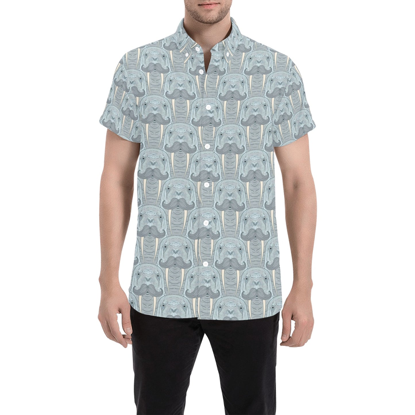 Walrus Print Design LKS402 Men Short Sleeve Button Up Shirt