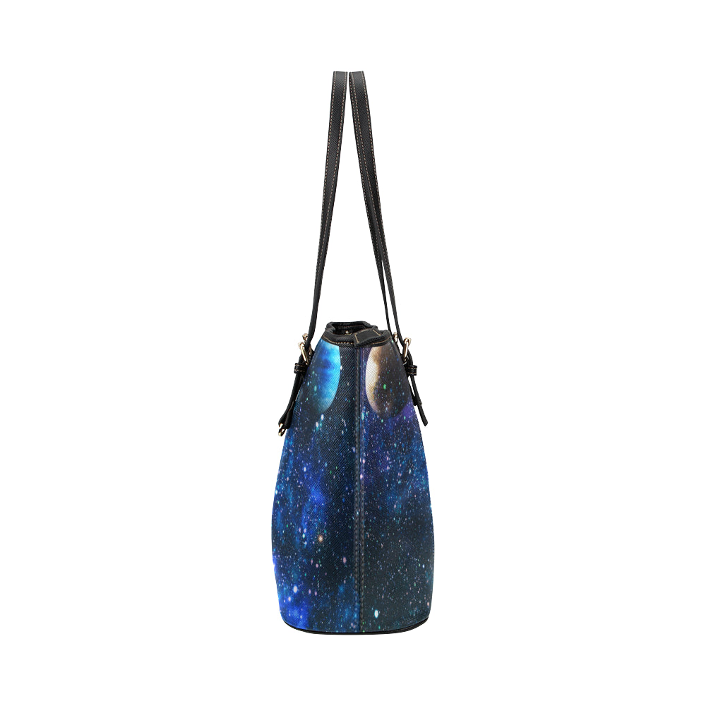 Galaxy Stardust Planet Space Print Leather Tote Bag