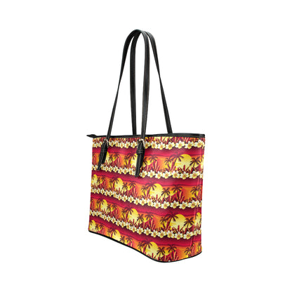 Hawaiian Tropical Sunset Hibiscus Print Leather Tote Bag