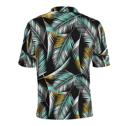Gold Glitter Cyan Tropical Palm Leaves Men Polo Shirt
