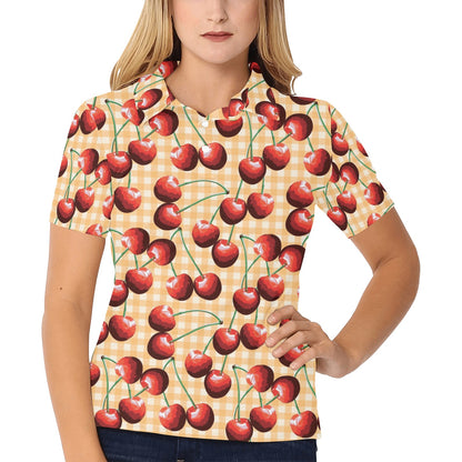 Cherry Orange Plaid Print Women's Polo Shirt