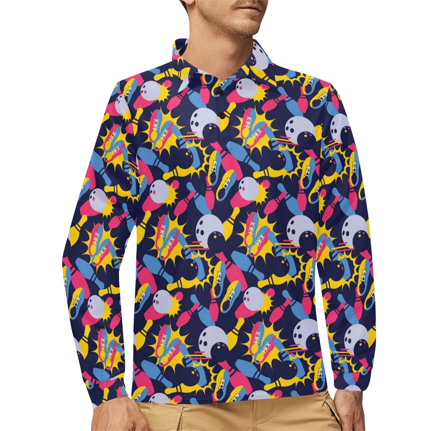 Bowling Pattern Print Design 02 Long Sleeve Polo Shirt For Men's